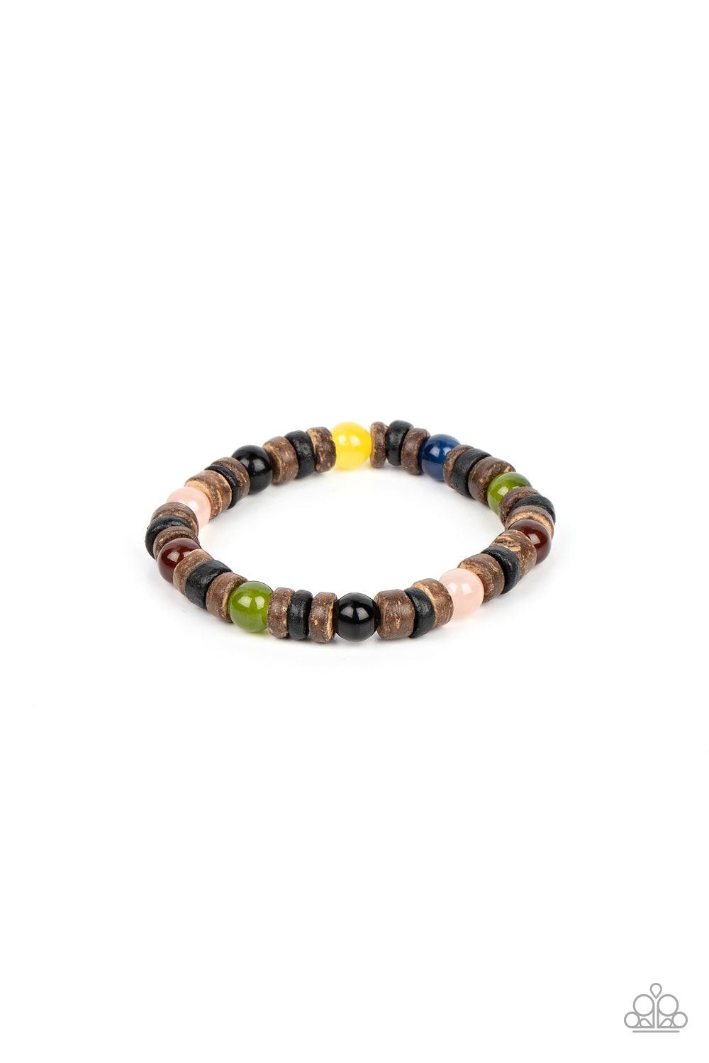 Paparazzi Accessories Durango Drifter - Multi Glassy multicolored stone beads join trios of black and brown wooden discs along stretchy bands around the wrist, resulting in an earthy pop of color. Sold as one individual bracelet. Bracelets