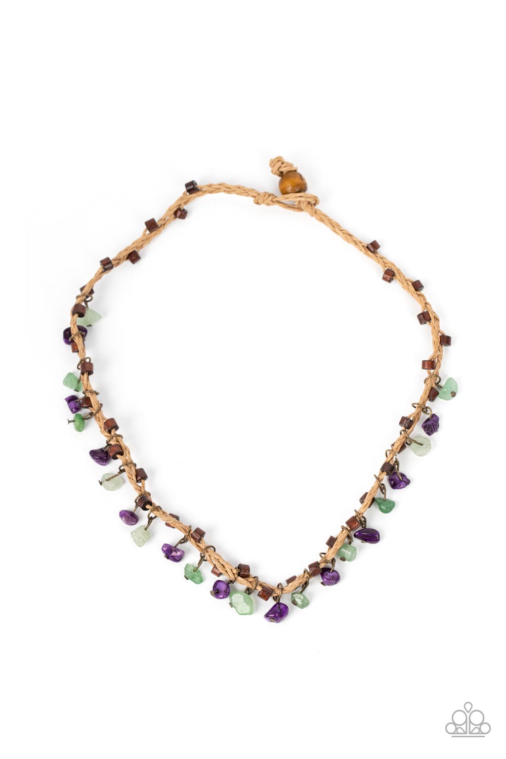 Paparazzi Accessories Canyon Voyage - Multi Infused with wooden accents, pieces of jade and amethyst swing from braided strands of crepe-like twine below the collar for a seasonal fringe. Features a button loop closure. Sold as one individual necklace. Ne