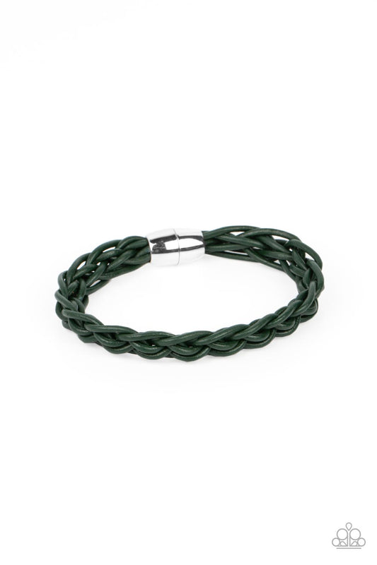 Paparazzi Accessories Cattle Ranch - Green Leathery green cords intricately weave around the wrist, creating a rustic braid. Features a magnetic closure. Sold as one individual bracelet. Jewelry