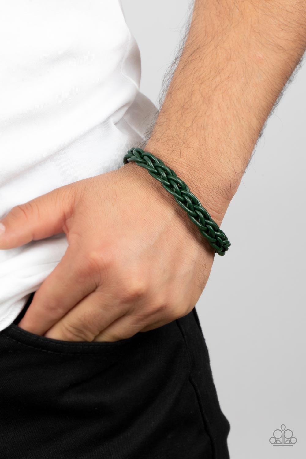 Paparazzi Accessories Cattle Ranch - Green Leathery green cords intricately weave around the wrist, creating a rustic braid. Features a magnetic closure. Sold as one individual bracelet. Jewelry