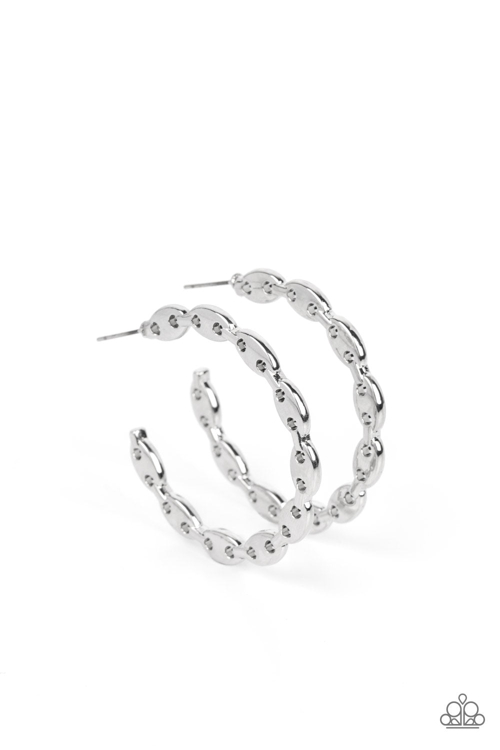 Paparazzi Accessories Impressive Innovation - Silver Featuring pairs of airy circles, flat and oval silver beads connect into an intricate hoop for an intense industrial vibe. Earring attaches to a standard post fitting. Hoop measures approximately 1 1/2"