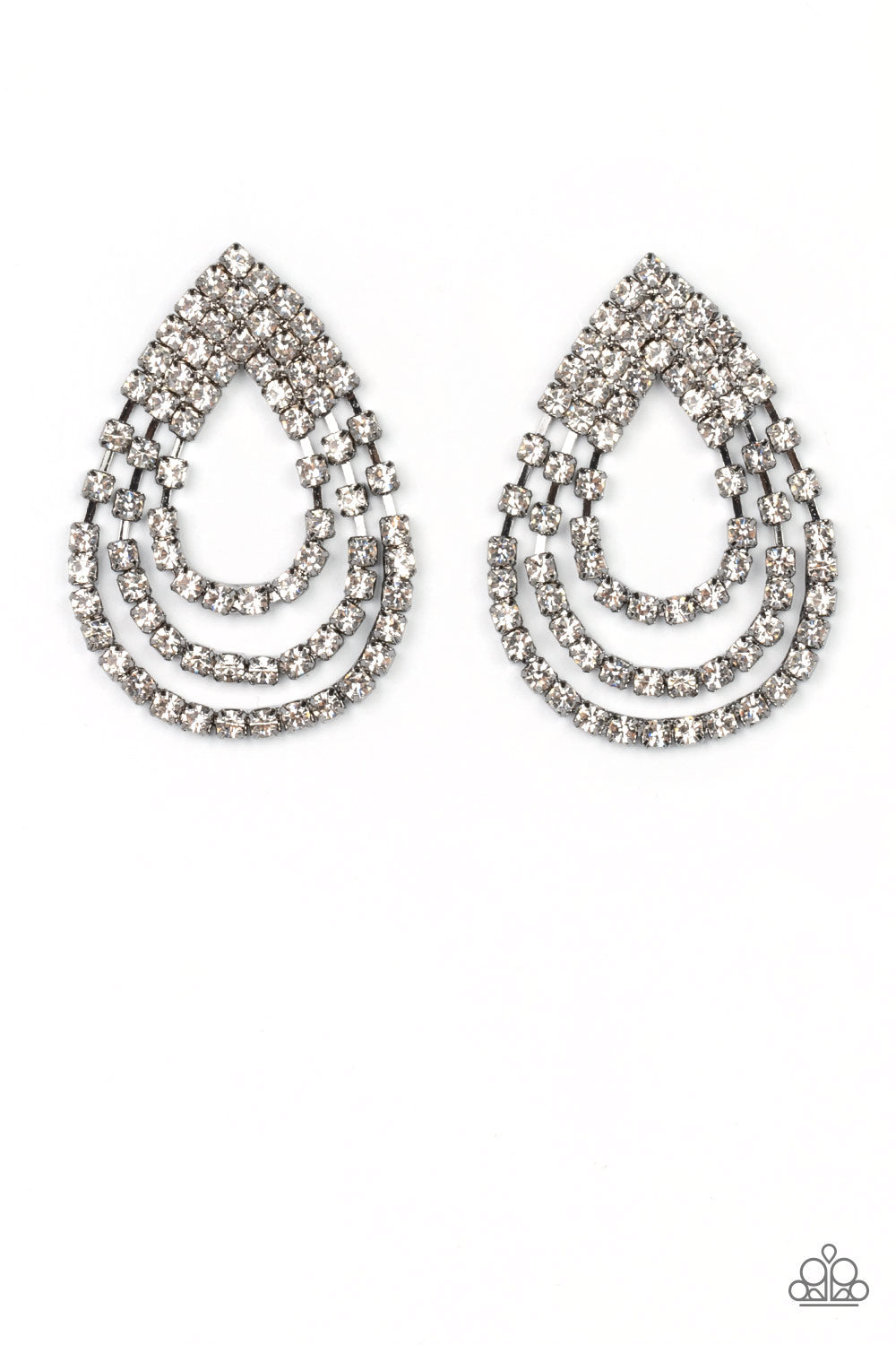 Paparazzi Accessories Take a POWER Stance - Black Loops of glassy white rhinestones ripple out from the bottom of a stationary triangular fitting that is dotted in glittery white rhinestones, resulting in a timeless teardrop chandelier. Earring attaches t
