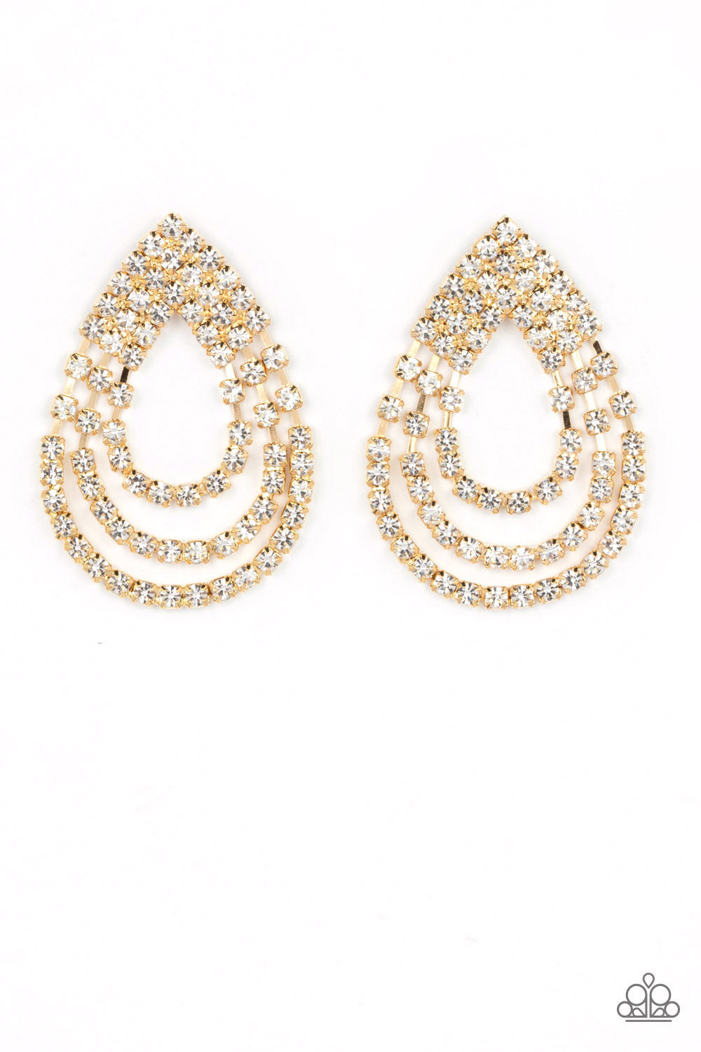 Paparazzi Accessories Take a POWER Stance - Gold Loops of glassy white rhinestones ripple out from the bottom of a stationary triangular fitting that is dotted in glittery white rhinestones, resulting in a timeless teardrop chandelier. Earring attaches to