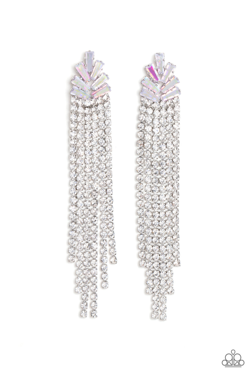Paparazzi Accessories Overnight Sensation - Multi Sparkly strands of dainty white rhinestones stream out from the bottom of a silver frame made up of a staggered collection of iridescent and trapezoidal cut rhinestones, resulting in a timeless tassel. Ear