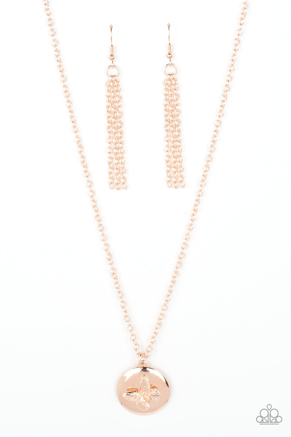 Paparazzi Accessories Monarch Meadow - Gold A dainty rose gold butterfly flutters atop a beveled rose gold disc, resulting in a whimsical pendant at the bottom of a classic rose gold chain. Features an adjustable clasp closure. Sold as one individual neck