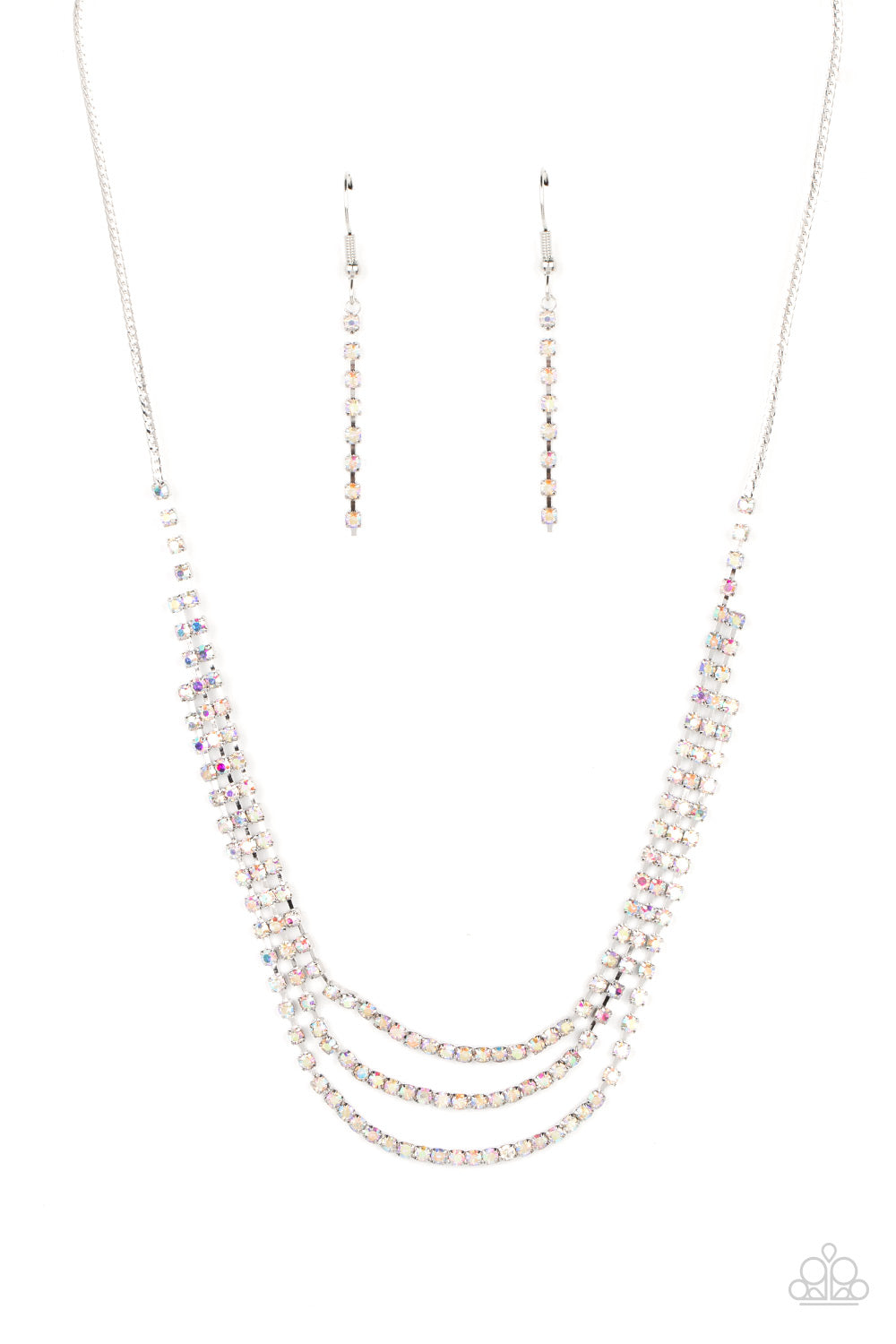 Paparazzi Accessories Surreal Sparkle - Multi Featuring square fittings staggered rows of iridescent rhinestones cascade from a dainty silver snake chain below the collar. The interconnected rows delicately give way to freefalling layers, adding glitzy mo