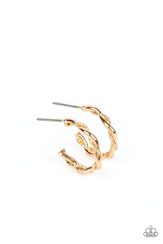 Paparazzi Accessories Irresistibly Intertwined - Gold A mismatched pair of glistening gold wires delicately twists into a classic hoop, creating a dainty peek of shimmer. Earring attaches to a standard post fitting. Hoop measures approximately 1/2" in dia