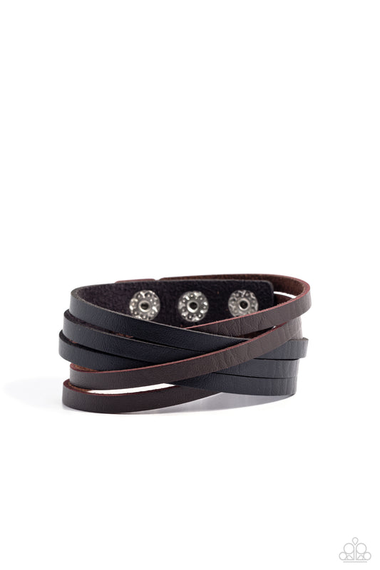 Paparazzi Accessories Not SEW Fast - Multi Sewn together with zigzagging brown stitches, brown and black leather bands interweave across the wrist for an edgy layered look. Features an adjustable snap closure. Sold as one individual bracelet. Jewelry
