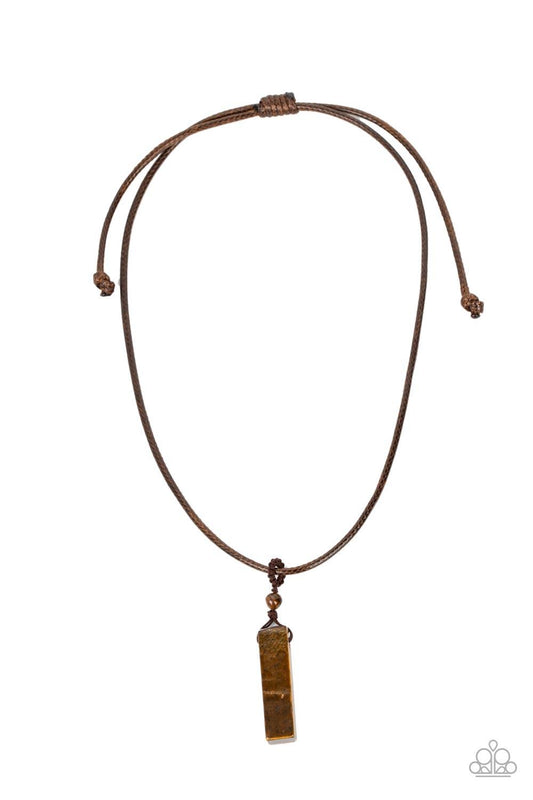 Paparazzi Accessories Comes Back ZEN-fold - Brown A rectangular tiger's eye stone pendulum is knotted in place below a dainty tiger's eye stone bead that glides along a shiny brown cord below the collar, resulting in an earthy pendant. Features an adjusta