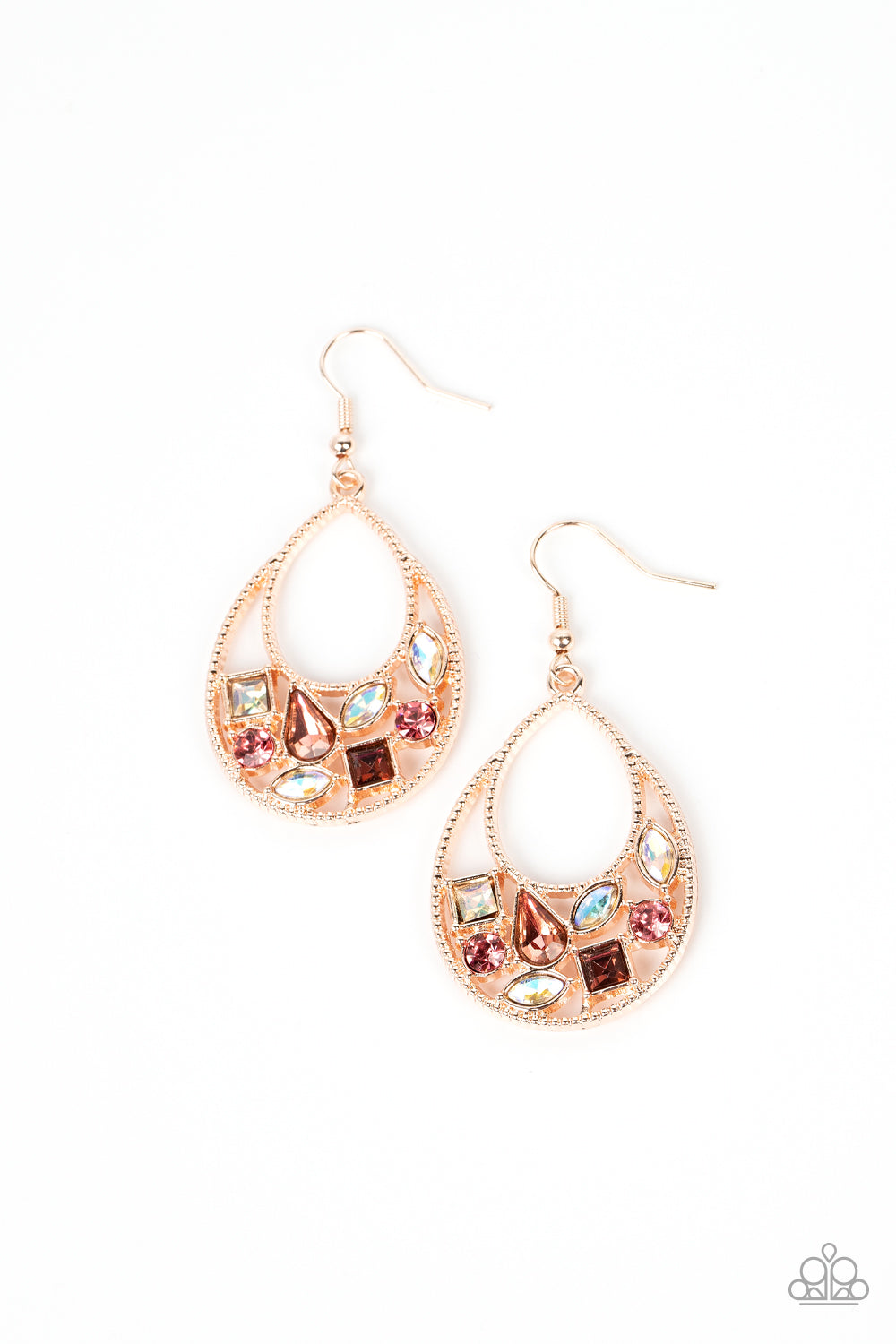 Paparazzi Accessories Regal Recreation - Gold Featuring square, marquise, teardrop, and round cuts, an effervescent collection of pink and iridescent rhinestones delicately collects along the bottom of a studded rose gold teardrop for a bubbly finish. Ear