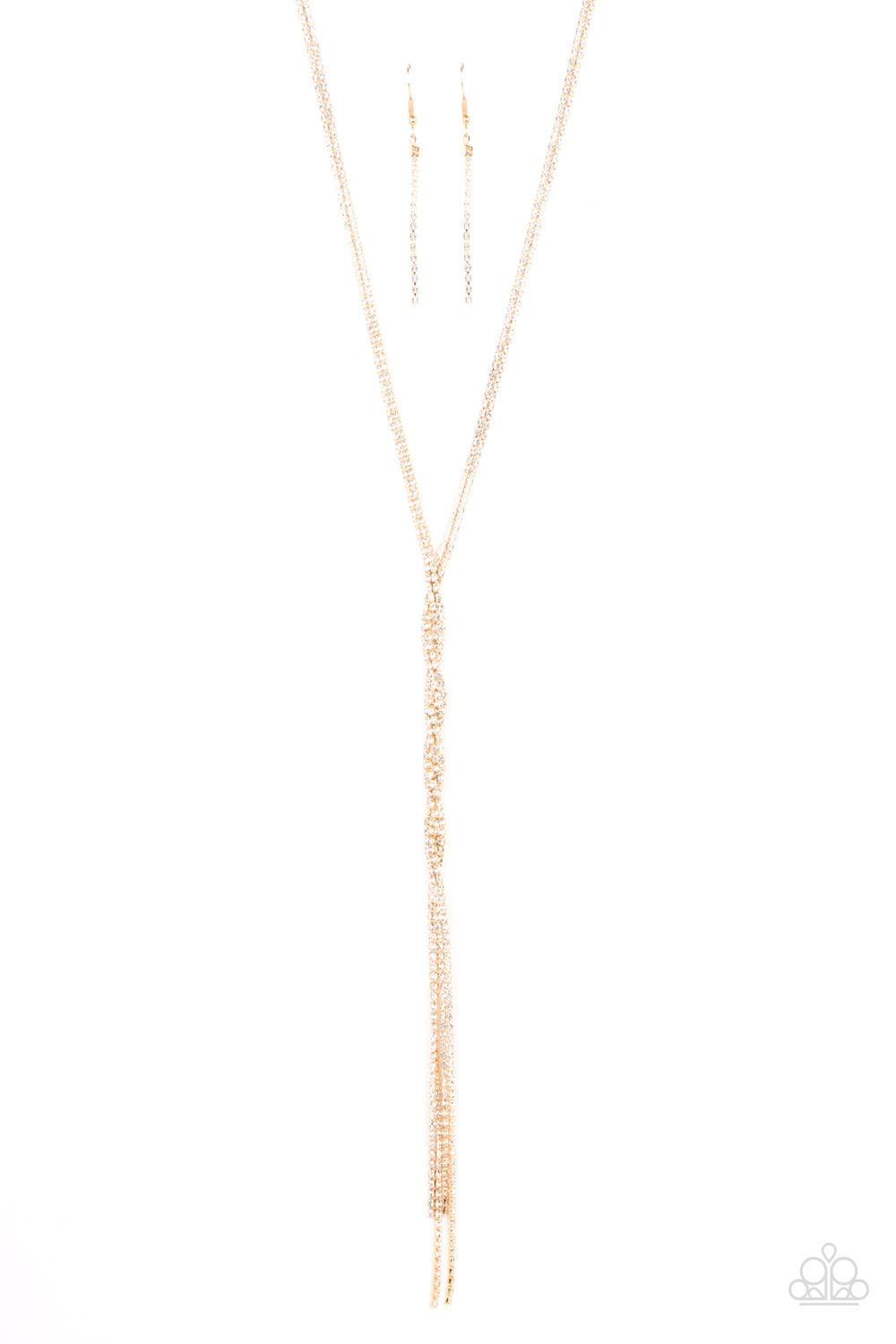 Paparazzi Accessories Impressively Icy - Gold Golden ribbons of glassy white rhinestones loop around the neck and delicately twist into an icy tassel down the chest. Features an adjustable clasp closure. Sold as one individual necklace. Includes one pair