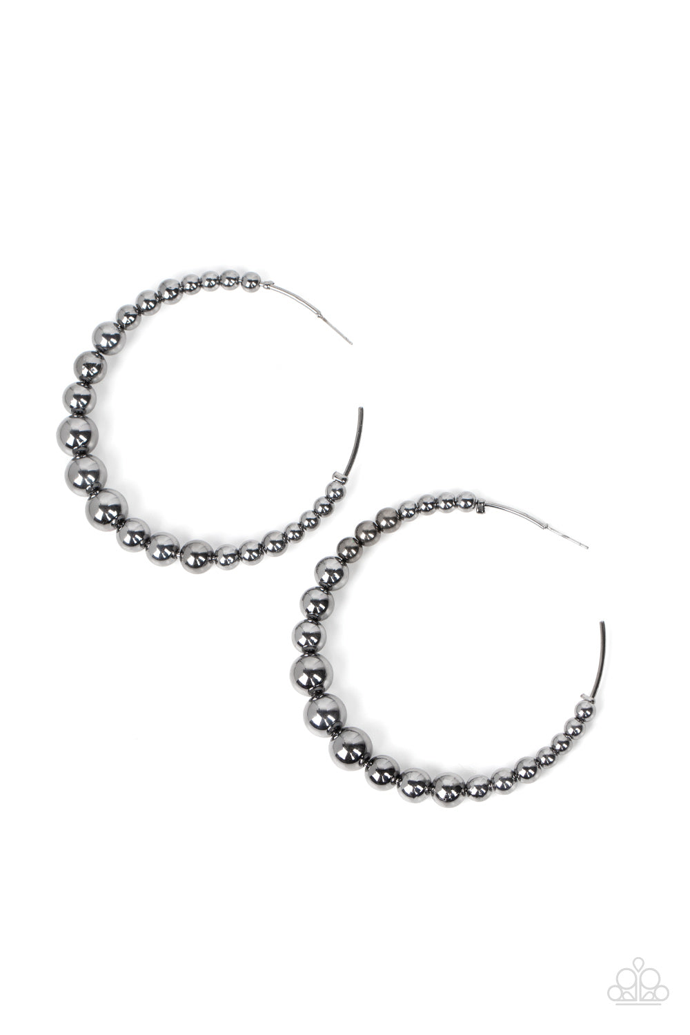Paparazzi Accessories Show Off Your Curves - Black Gradually increasing in size, glistening gunmetal beads are threaded along an oversized gunmetal hoop for a gritty and glamorous effect. Earring attaches to a standard post fitting. Hoop measures approxim