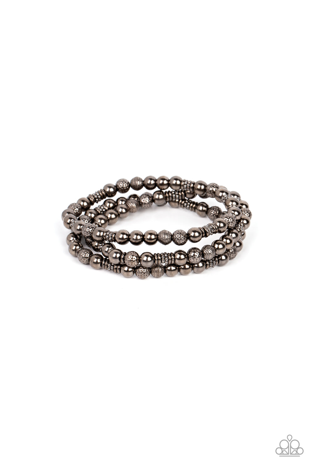 Paparazzi Accessories Boundless Boundaries - Black A gritty collection of smooth, studded, and textured gunmetal beads are threaded along stretchy bands around the wrist, creating dainty layers. Sold as one set of three bracelets. Jewelry