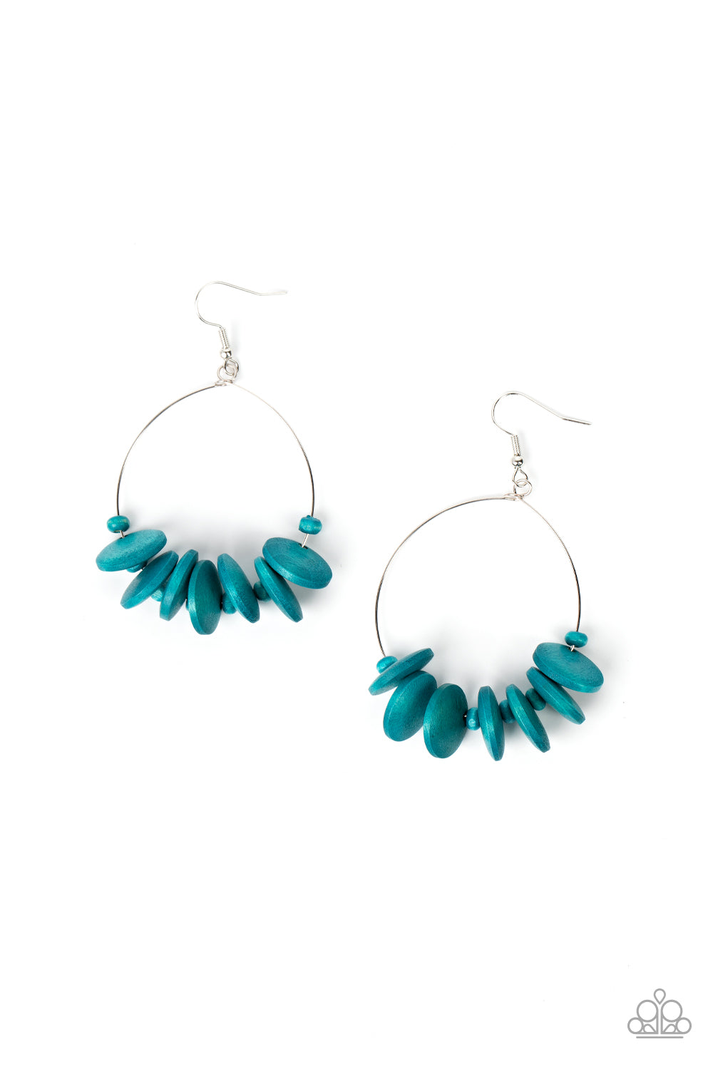 Paparazzi Accessories Surf Camp - Blue Separated by dainty Harbor Blue wooden beads, Harbor Blue wooden discs are threaded along a dainty wire hoop for a colorful tropical flair. Earring attaches to a standard fishhook fitting. Sold as one pair of earring