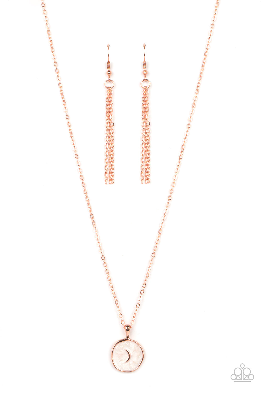 Paparazzi Accessories Moon Magic - Copper Painted in a shimmery white lacquer finish, an asymmetrical shiny copper disc is dotted in a dainty shiny copper moon accent as is swings from the bottom of a dainty shiny copper chain below the collar for an ench