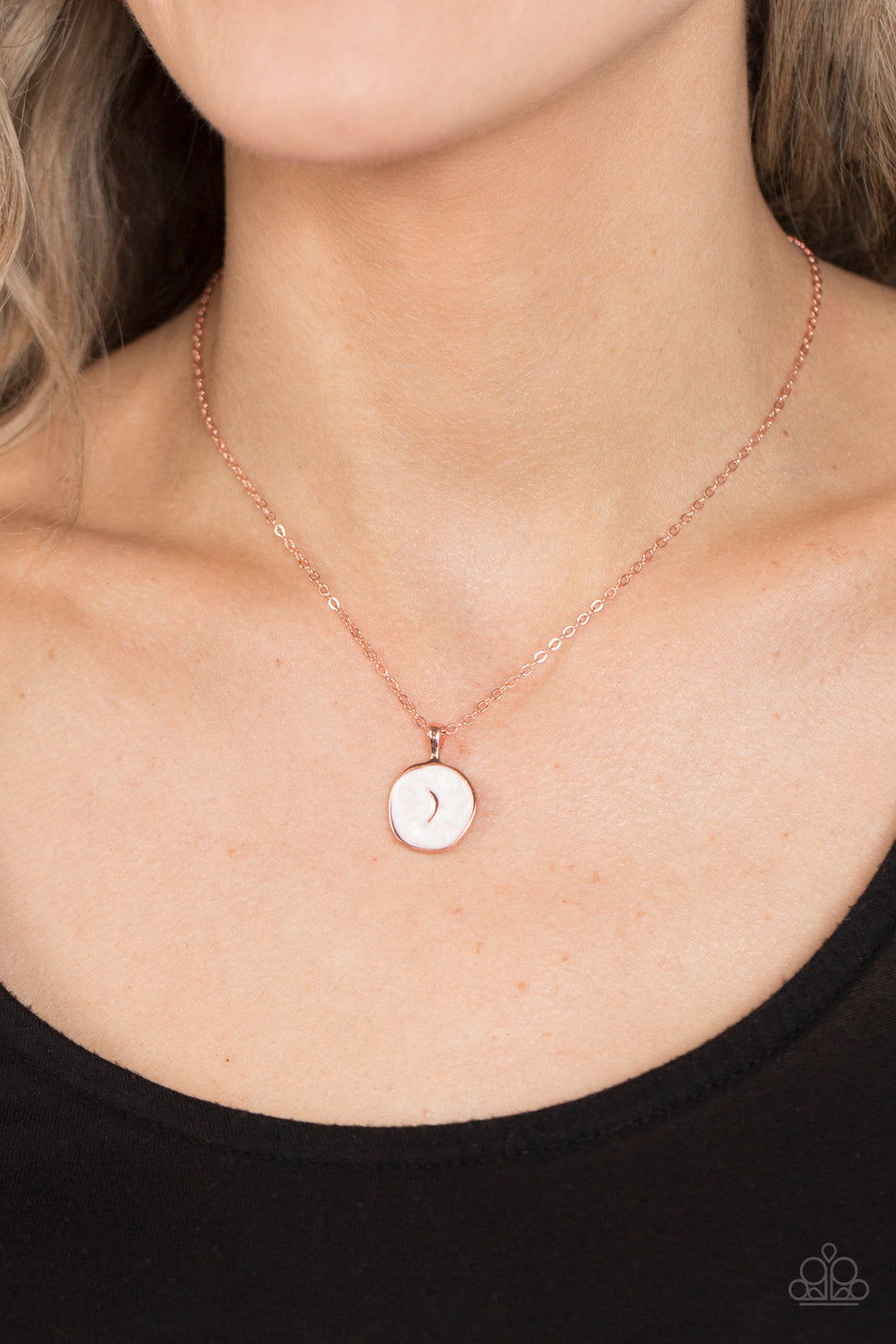 Paparazzi Accessories Moon Magic - Copper Painted in a shimmery white lacquer finish, an asymmetrical shiny copper disc is dotted in a dainty shiny copper moon accent as is swings from the bottom of a dainty shiny copper chain below the collar for an ench