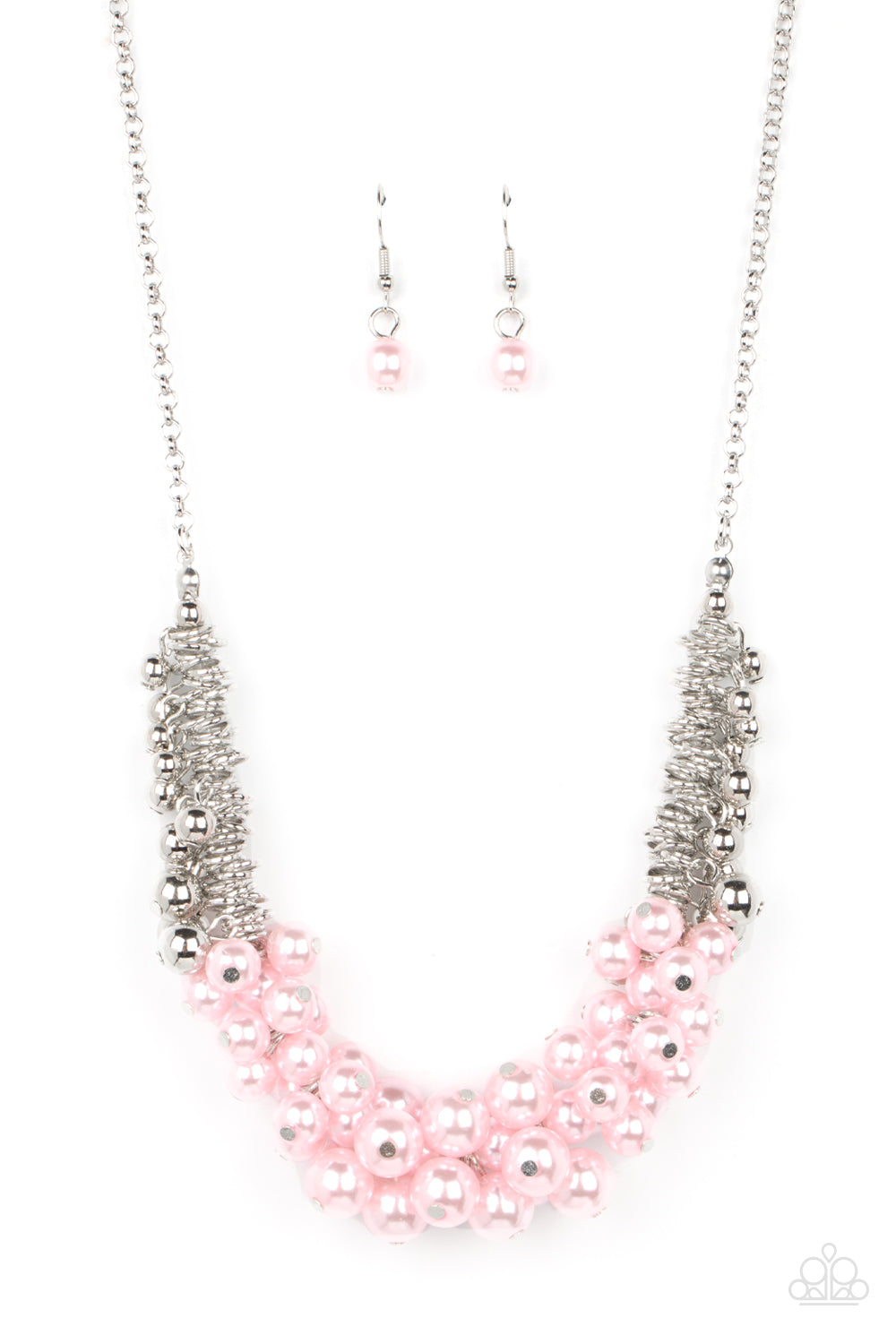 Paparazzi Accessories Bonus Points - Pink A bubbly cluster of Gossamer Pink pearls are bunched together between hanging silver beads that dangle between jampacked rows of silver rings, resulting in exaggerated effervescence below the collar. Features an a