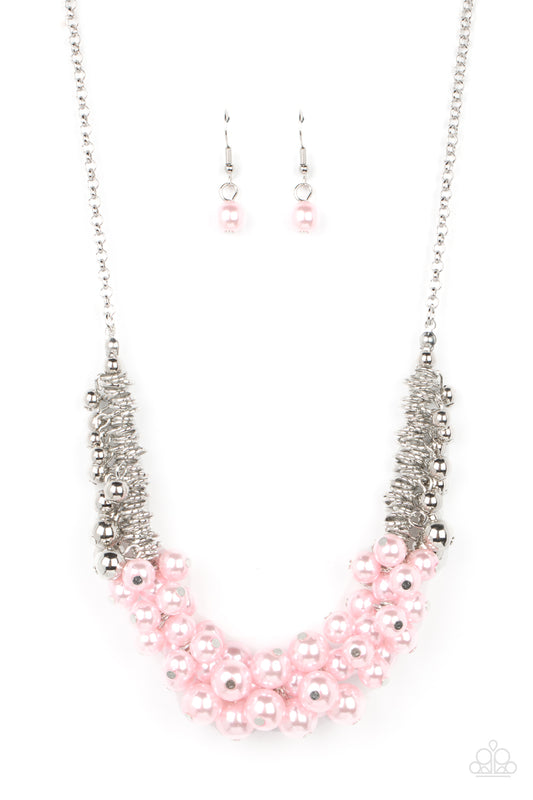 Paparazzi Accessories Bonus Points - Pink A bubbly cluster of Gossamer Pink pearls are bunched together between hanging silver beads that dangle between jampacked rows of silver rings, resulting in exaggerated effervescence below the collar. Features an a