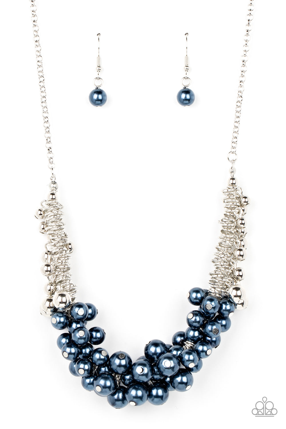 Paparazzi Accessories Bonus Points - Blue A bubbly cluster of blue pearls are bunched together between hanging silver beads that dangle between jampacked rows of silver rings, resulting in exaggerated effervescence below the collar. Features an adjustable