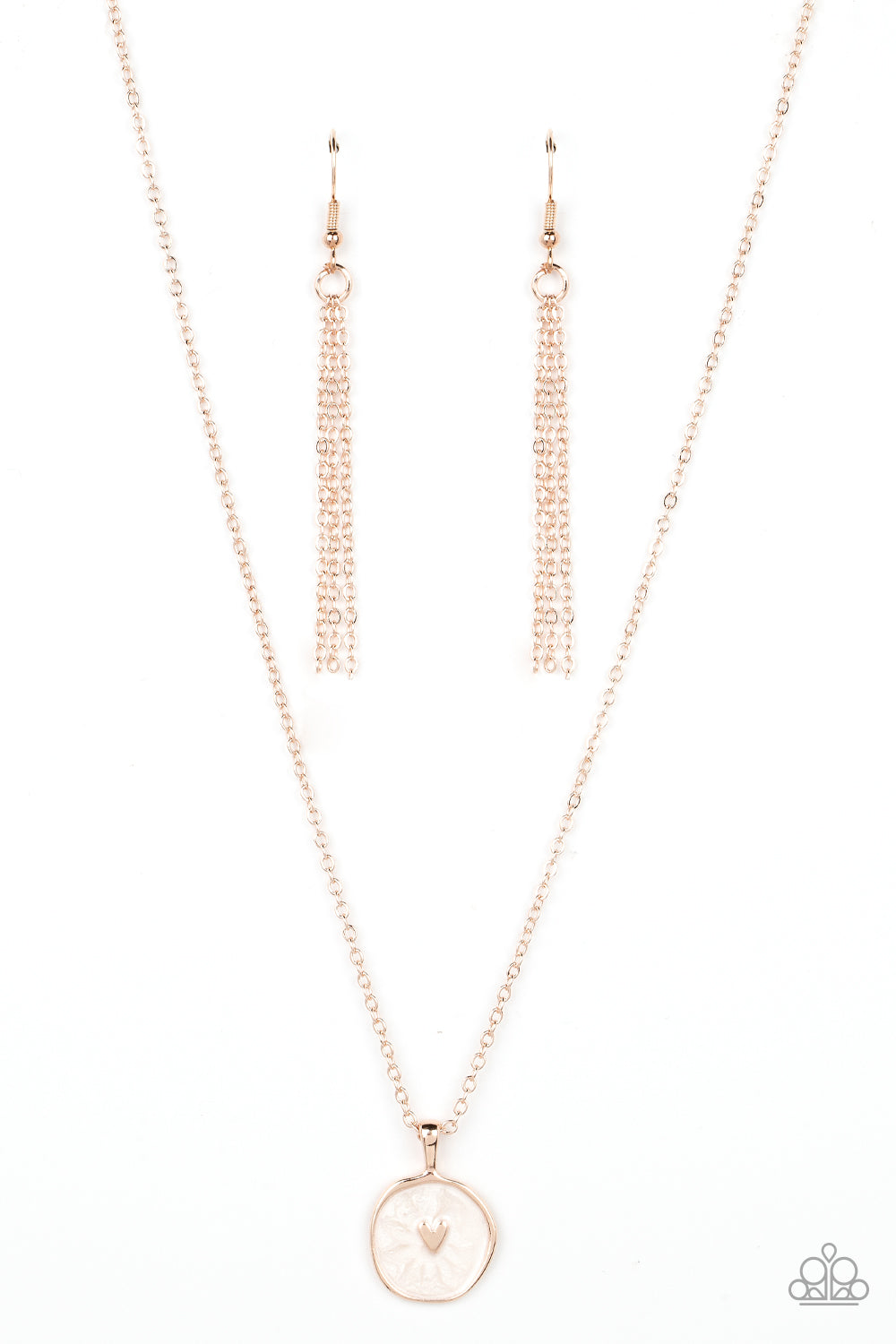 Paparazzi Accessories Do What You Love - Gold Painted in a shimmery white lacquer finish, an asymmetrical rose gold disc is dotted in a dainty rose gold heart accent as it swings from the bottom of a dainty rose gold chain below the collar for a charming
