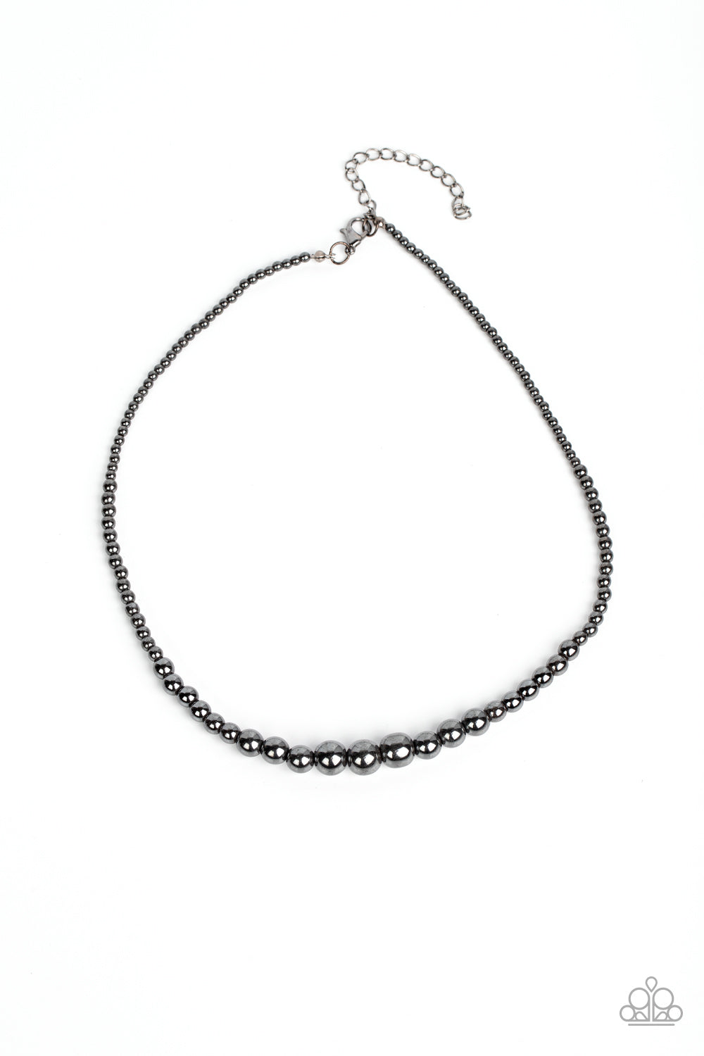 Paparazzi Accessories Beg, Borrow, or STEEL - Black Gradually increasing in size, glistening gunmetal beads are threaded along an invisible wire below the collar for an intense industrial edge. Features an adjustable clasp closure. Sold as one individual
