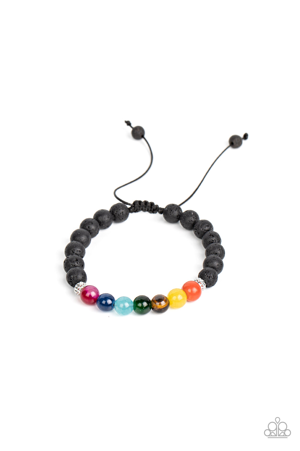 Paparazzi Accessories Canyon Kaleidoscope - Multi A pair of textured silver accents flanks a rainbow of glassy stone beads along a black lava rock beaded cord, resulting in a rustic pop of color around the wrist. Features an adjustable sliding knot closur