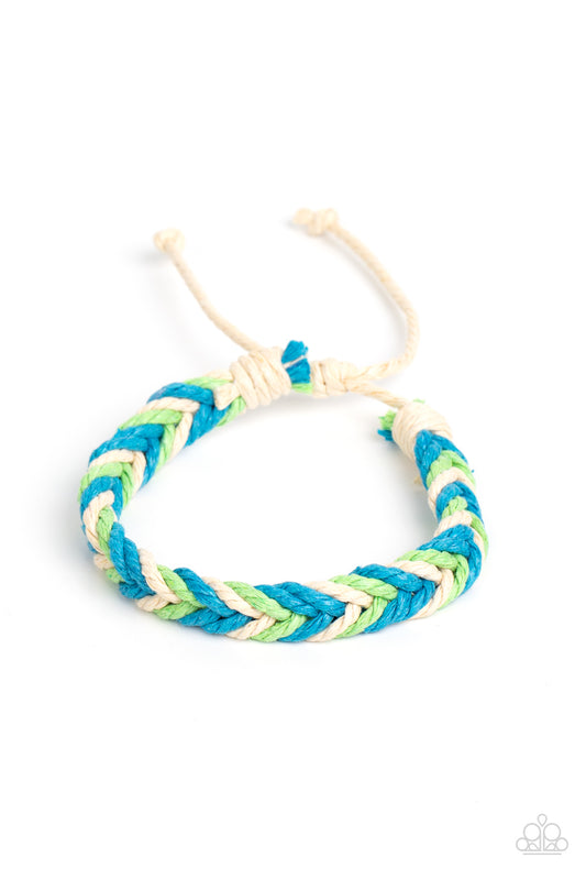 Paparazzi Accessories Born to Travel - Blue Blue, green, and natural white cording decoratively weaves around the wrist, knotting into a colorful braid for an adventurous vibe. Features an adjustable sliding knot closure. Sold as one individual bracelet.