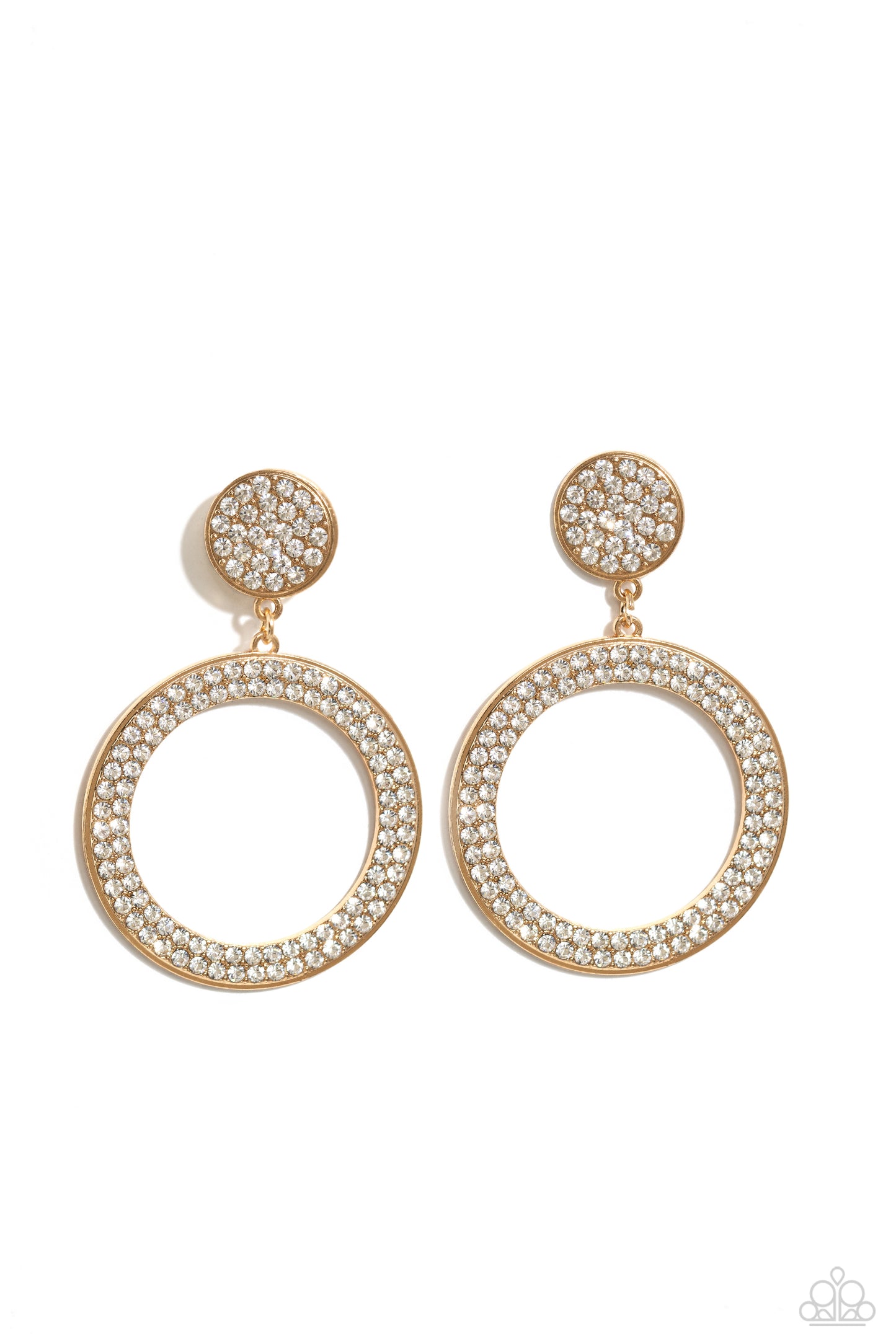 Paparazzi Accessories GLOW You Away - Gold Encrusted in rows of glassy white rhinestones, a flat gold hoop swings from the bottom of a white rhinestone dotted gold frame for a statement-making finish. Earring attaches to a standard post fitting. Sold as o