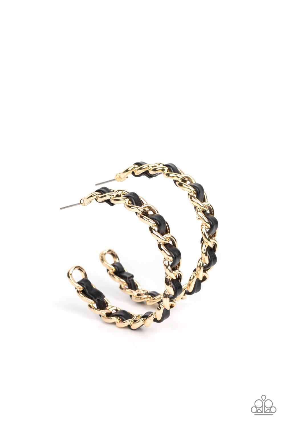 Paparazzi Accessories Industrial Incantation - Gold A black leather lace is threaded through a strand of glistening gold chain that curves and solidifies into an edgy hoop. Earring attaches to a standard post fitting. Hoop measures approximately 1 3/4" in