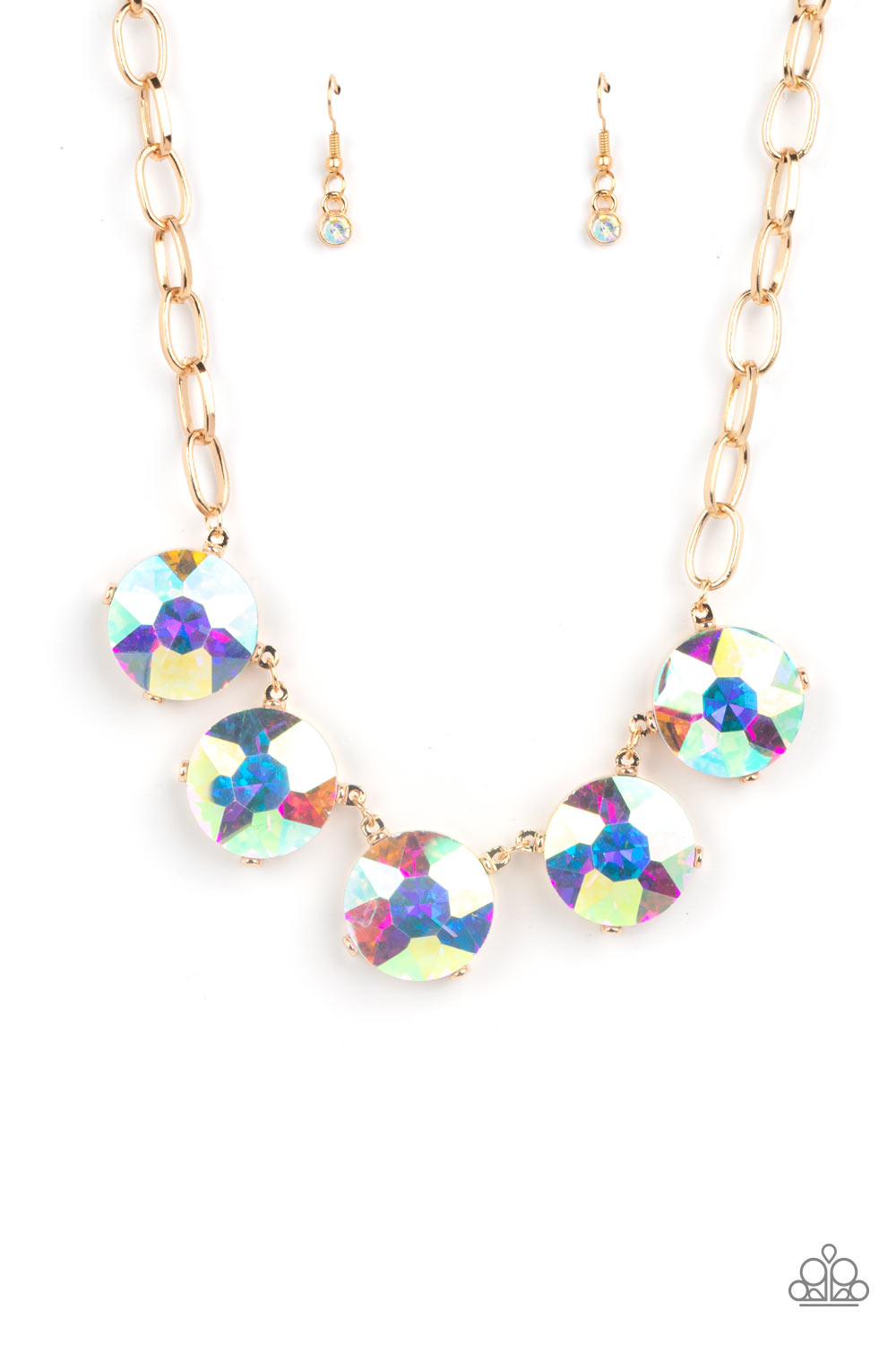 Paparazzi Accessories Limelight Luxury - Multi Set in gold pronged fittings, five dramatically oversized iridescent rhinestones connect across the collar and attach to an oversized gold chain creating a stunning spot-light loving statement piece. Features