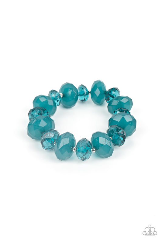 Paparazzi Accessories Keep GLOWING Forward - Blue Infused with dainty silver beads, oversized opaque and glassy Harbor Blue crystal-like beads alternate along stretchy bands around the wrist for a playful pop of color. Sold as one individual bracelet. Get