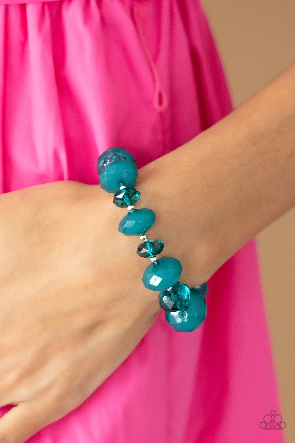 Paparazzi Accessories Keep GLOWING Forward - Blue Infused with dainty silver beads, oversized opaque and glassy Harbor Blue crystal-like beads alternate along stretchy bands around the wrist for a playful pop of color. Sold as one individual bracelet. Get
