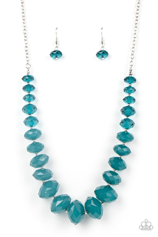 Paparazzi Accessories Happy-GLOW-Lucky - Blue Separated by dainty silver beads, glassy Harbor Blue crystal-like beads gradually morph into opaque Harbor Blue crystal-like beads below the collar. The refreshing compilation grows in size and intensity furth