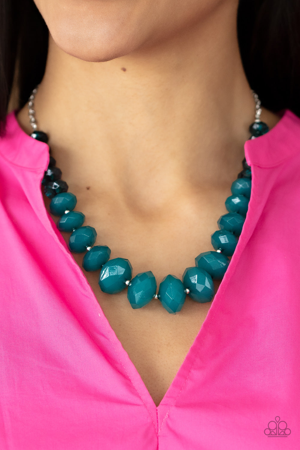 Paparazzi Accessories Happy-GLOW-Lucky - Blue Separated by dainty silver beads, glassy Harbor Blue crystal-like beads gradually morph into opaque Harbor Blue crystal-like beads below the collar. The refreshing compilation grows in size and intensity furth