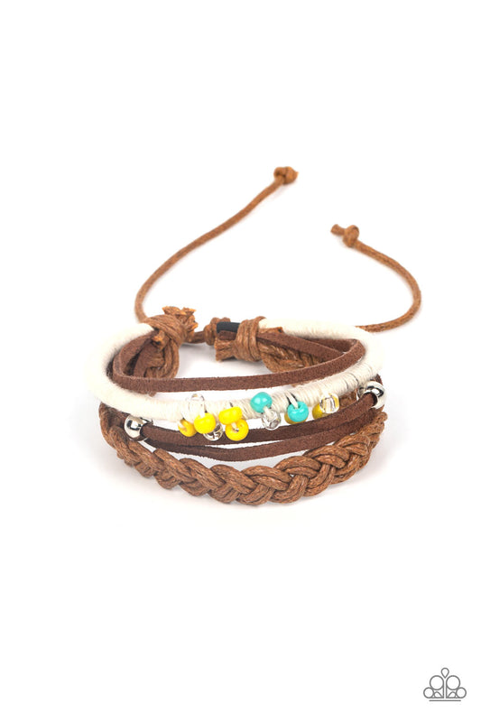 Paparazzi Accessories Summer Spectacle - Multi Infused with a pair of silver beads and rows of blue and yellow seed beads, mismatched suede, cord, and braided bands layer around the wrist for an adventurous vibe. Features an adjustable sliding knot closur