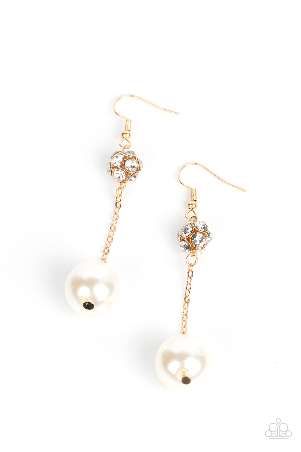 Paparazzi Accessories Nautical Nostalgia - Gold An oversized white pearl swings from the bottom of a dainty gold chain that is suspended from a white rhinestone encrusted gold bead, resulting in a timeless twist. Earring attaches to a standard fishhook fi
