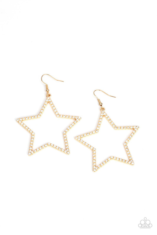 Paparazzi Accessories Supernova Sparkle - Gold Sparkly white rhinestones adorn the front of an oversized gold star silhouette, sparking into a stellar centerpiece. Earring attaches to a standard fishhook fitting. Sold as one pair of earrings. Earrings