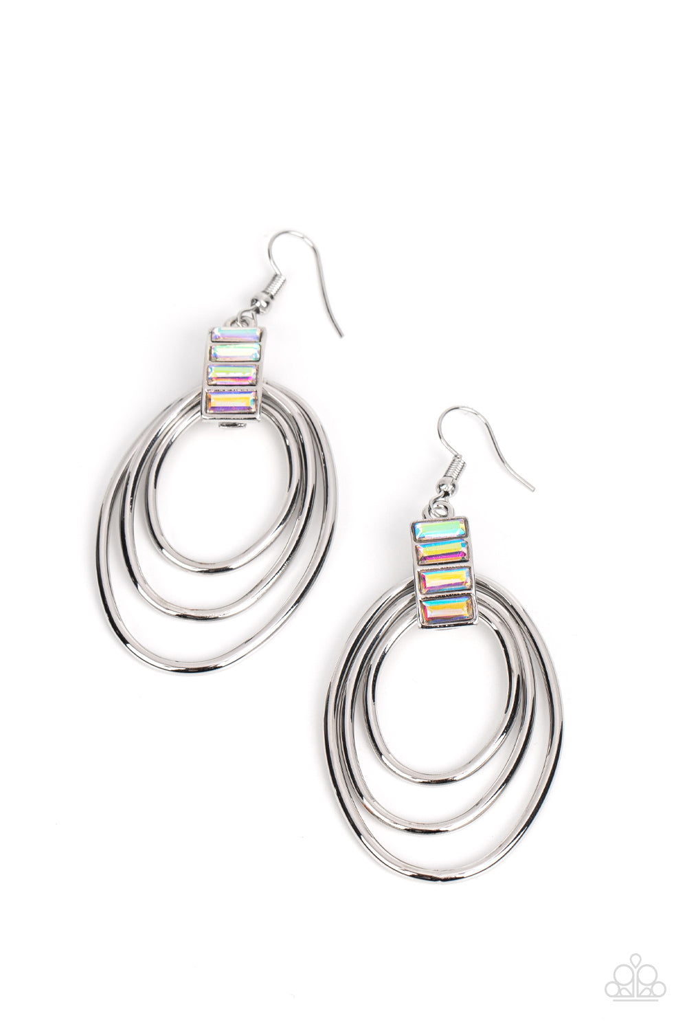 Paparazzi Accessories Intergalactic Glamour - Multi Shiny silver oval hoops are threaded through a silver fitting stacked with emerald cut iridescent rhinestones, resulting in a dizzying lure. Due to its prismatic palette, color may vary. Earring attaches