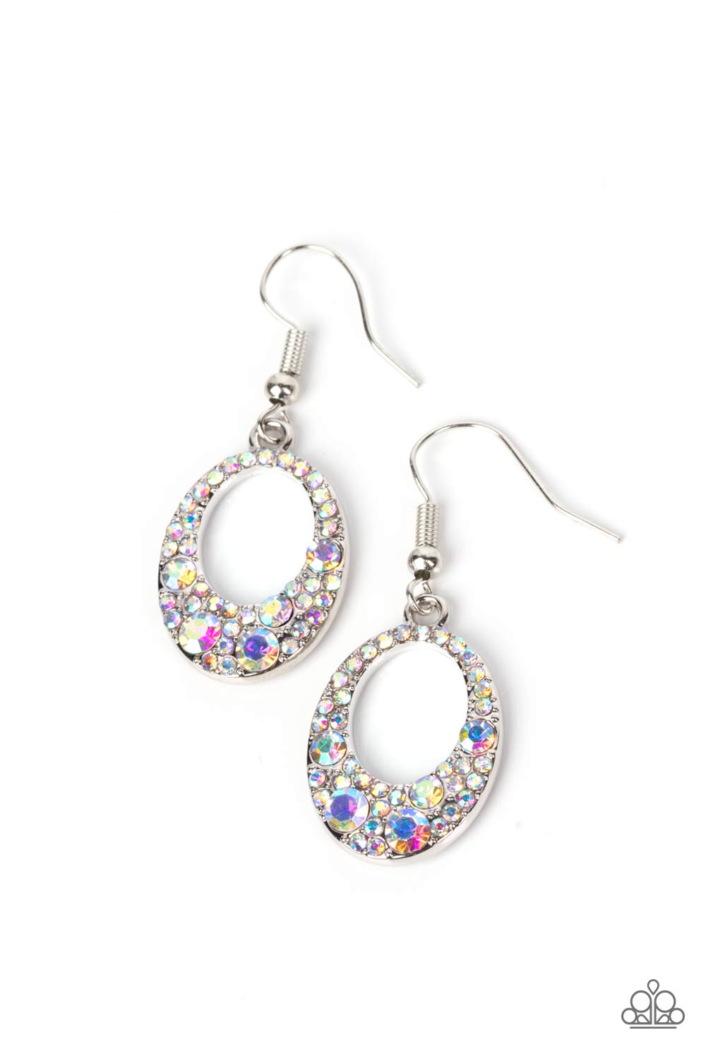 Paparazzi Accessories Showroom Sizzle - Multi A smattering of mismatched iridescent rhinestones encrusted the front of an oval silver frame, coalescing into a stellar sparkle. Earring attaches to a standard fishhook fitting. Sold as one pair of earrings.