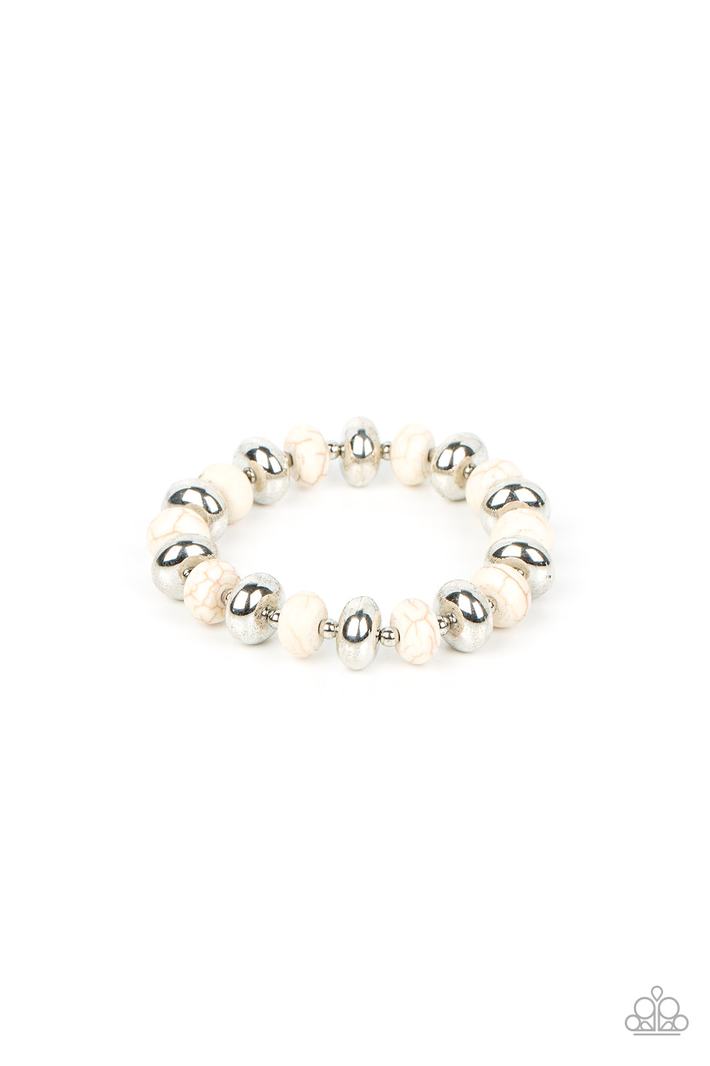 Paparazzi Accessories Stone Age Aesthetic - White Separated by dainty silver beads, rounded silver accents and white stone beads alternate along a stretchy band around the wrist for an adventurous pop of artisan inspired color. Sold as one individual brac