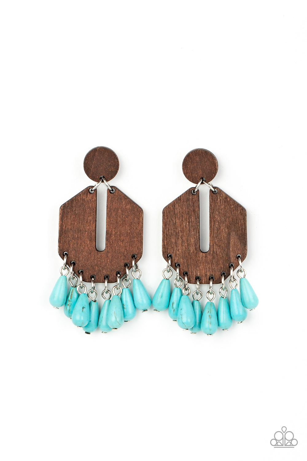 Paparazzi Accessories Western Retreat - Blue Teardrop turquoise stone beads sway from the bottom of an airy and geometric wooden frame that links to a flat wooden circle, resulting in a western inspired fringe. Earring attaches to a standard post fitting.