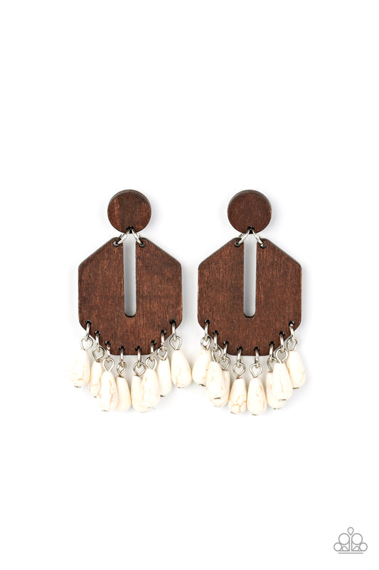 Paparazzi Accessories Western Retreat - White Teardrop white stone beads sway from the bottom of an airy and geometric wooden frame that links to a flat wooden circle, resulting in a western inspired fringe. Earring attaches to a standard post fitting. So