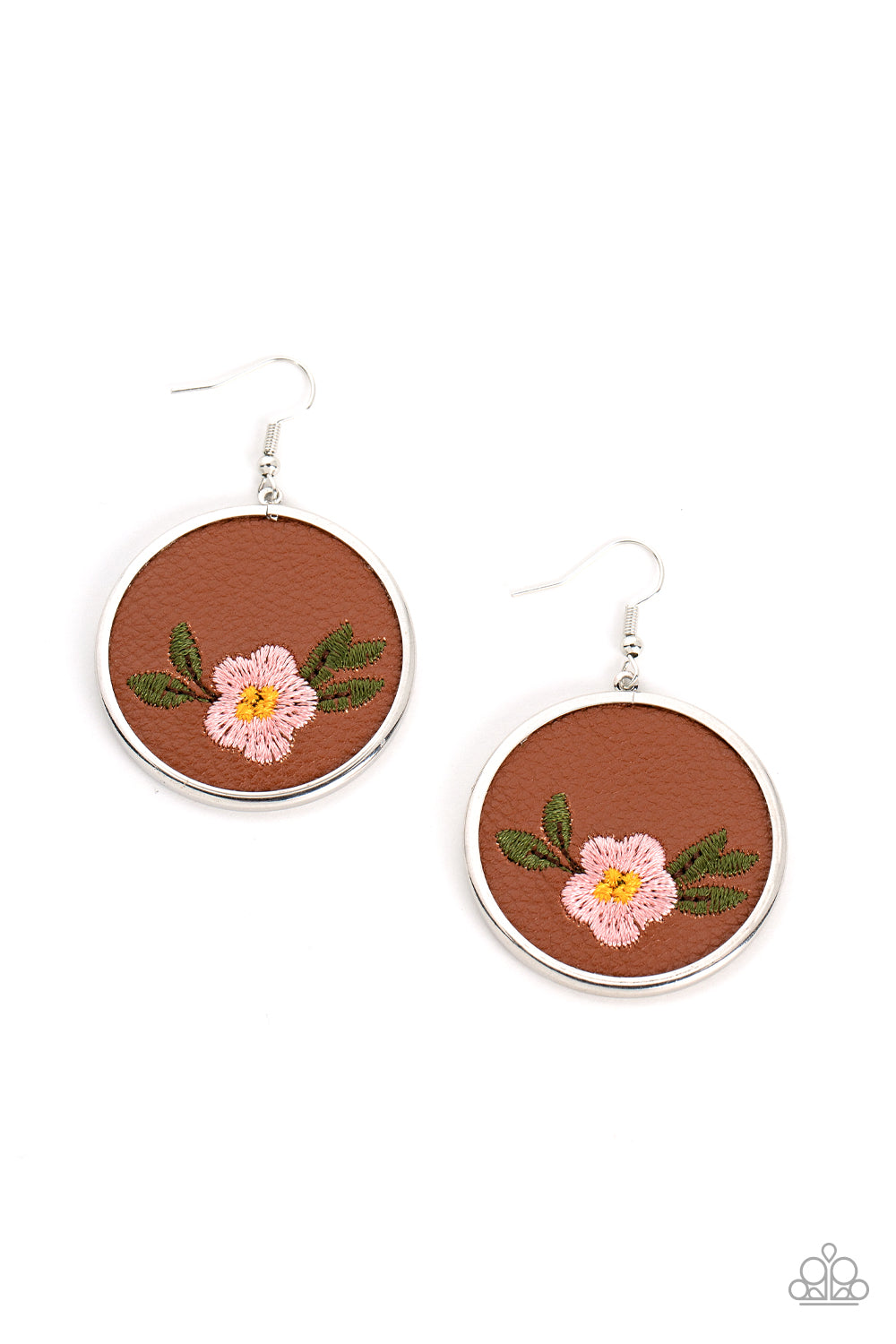 Paparazzi Accessories Prairie Patchwork - Pink A leafy Gossamer Pink flower is embroidered along the bottom of a piece of leather that is encased in a sleek silver frame, blooming into a homespun fashion. Earring attaches to a standard fishhook fitting. S