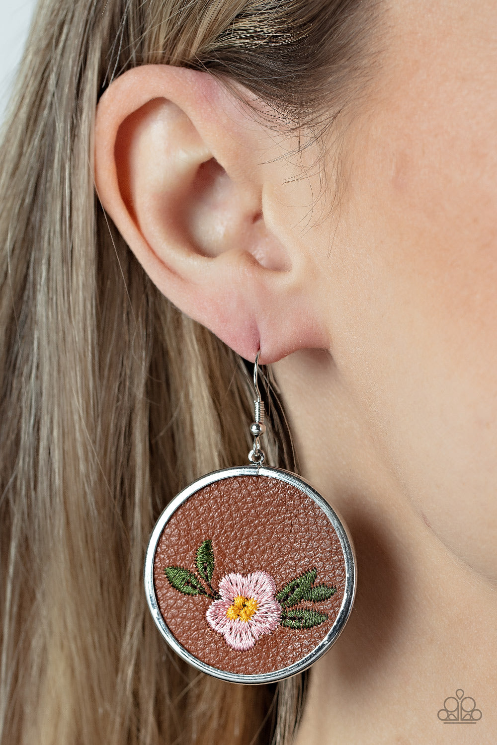Paparazzi Accessories Prairie Patchwork - Pink A leafy Gossamer Pink flower is embroidered along the bottom of a piece of leather that is encased in a sleek silver frame, blooming into a homespun fashion. Earring attaches to a standard fishhook fitting. S