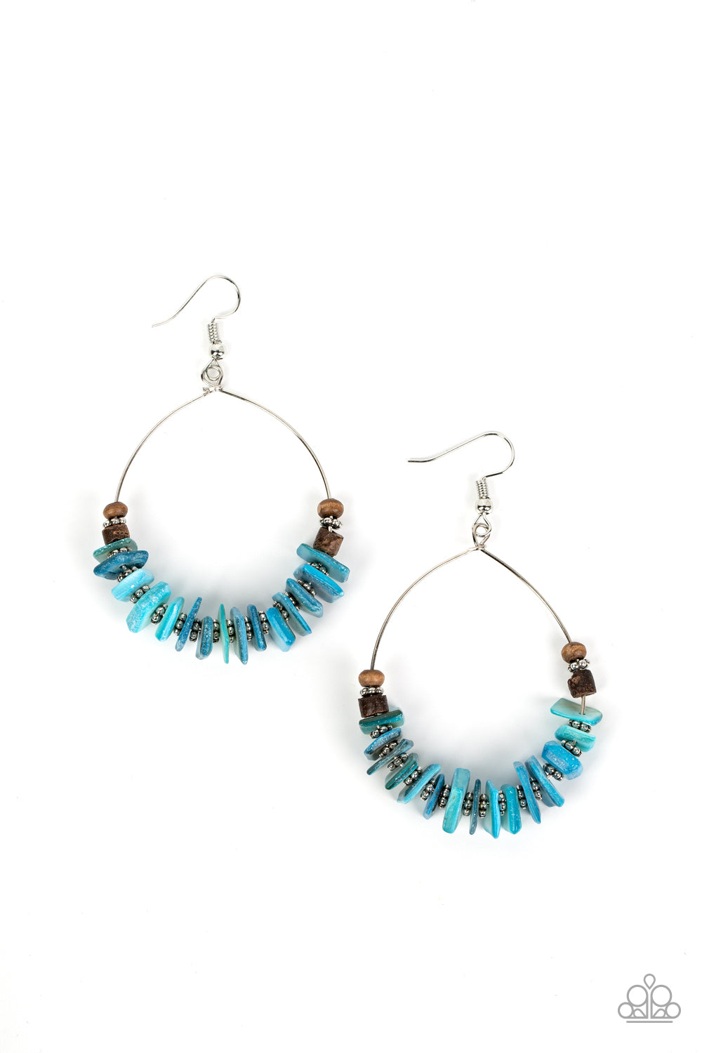 Paparazzi Accessories Hawaiian Kiss - Blue Infused with earthy wooden accents, studded silver rings and pieces of blue shell-like pebbles alternate along a dainty wire hoop for a tropical inspiration. Earring attaches to a standard fishhook fitting. Sold