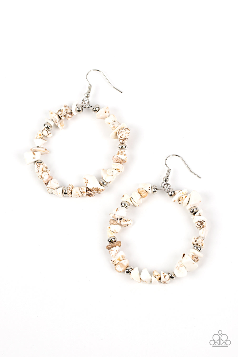 Paparazzi Accessories Mineral Mantra - White Infused with dainty silver beaded accents, pieces of white stone are threaded along a wire hoop for an artisan inspired vibe. Earring attaches to a standard fishhook fitting. Sold as one pair of earrings. Jewel