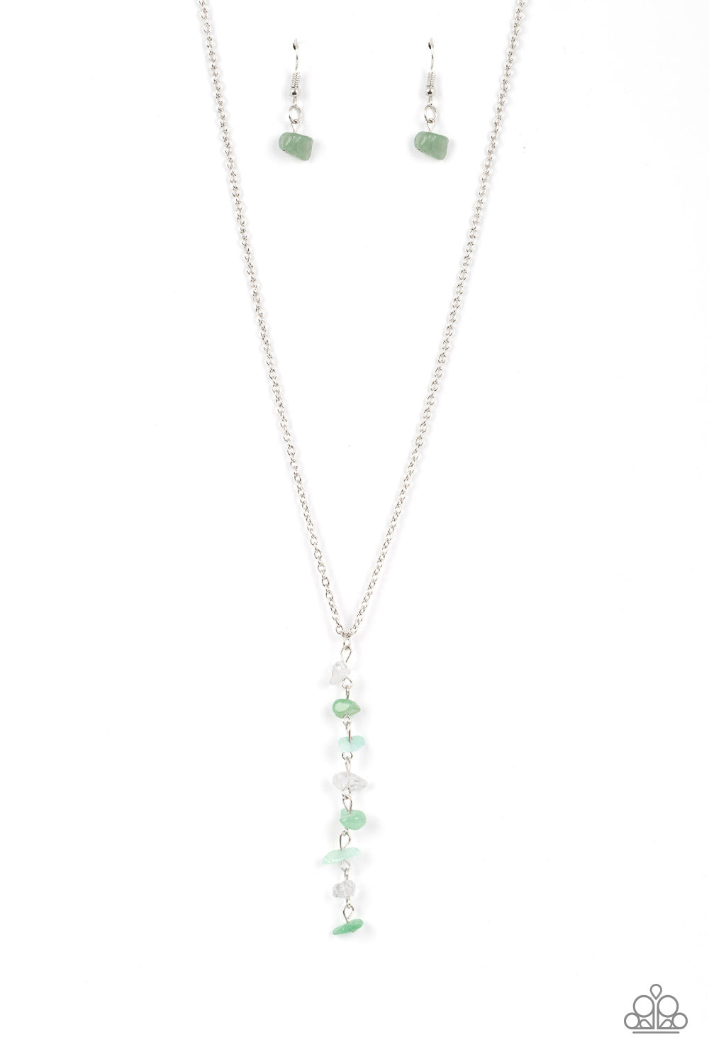 Paparazzi Accessories Tranquil Tidings - Green A dainty stack of quartz, jade, and aventurine pebbles trickles from the bottom of a classic silver chain, creating a tranquil extended pendant down the chest. Features an adjustable clasp closure. As the sto
