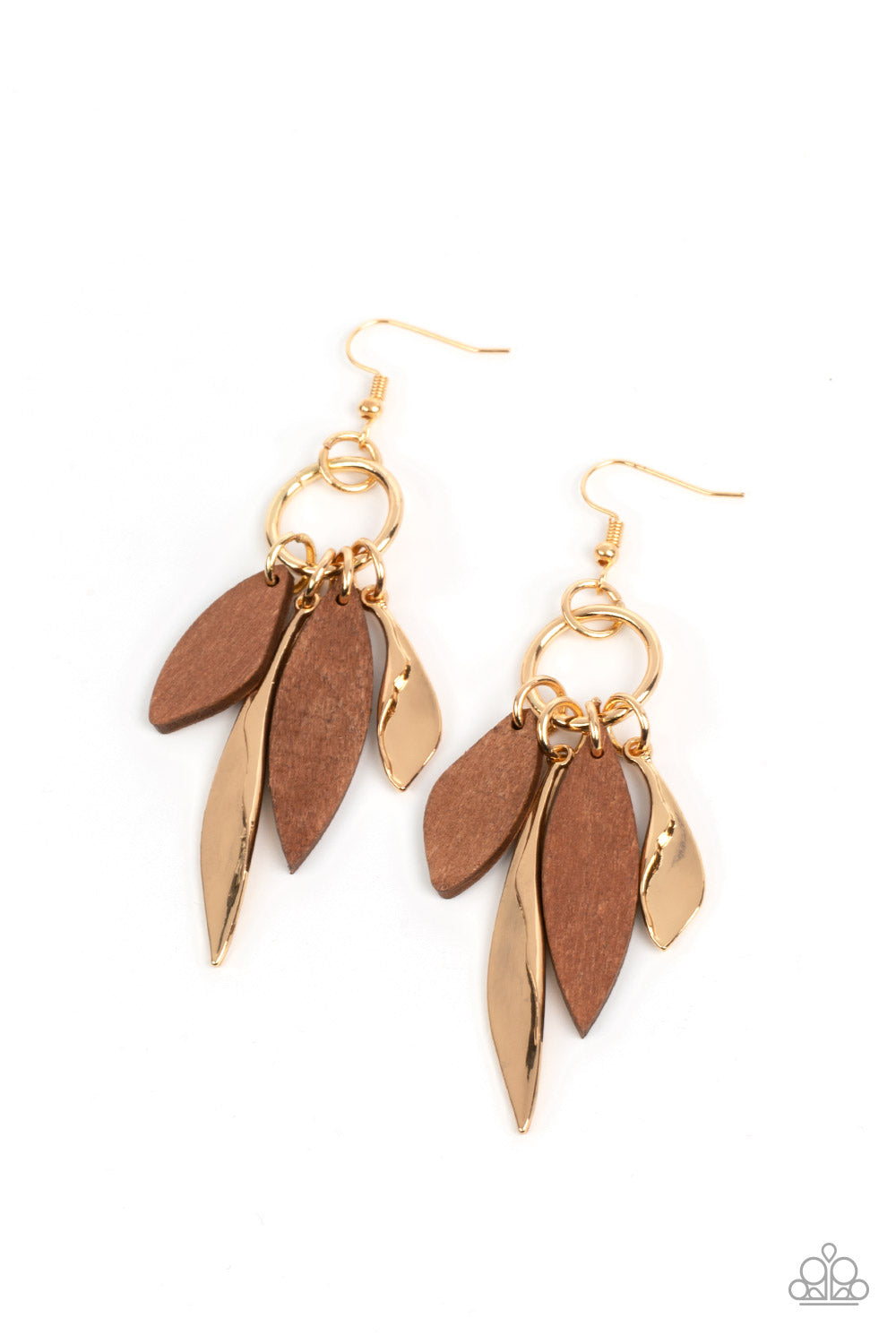 Paparazzi Accessories Primal Palette - Gold A mismatched collection of asymmetrical brown wooden frames and warped gold petals glide along a gold ring, resulting in an earthy tassel. Earring attaches to a standard fishhook fitting. Sold as one pair of ear