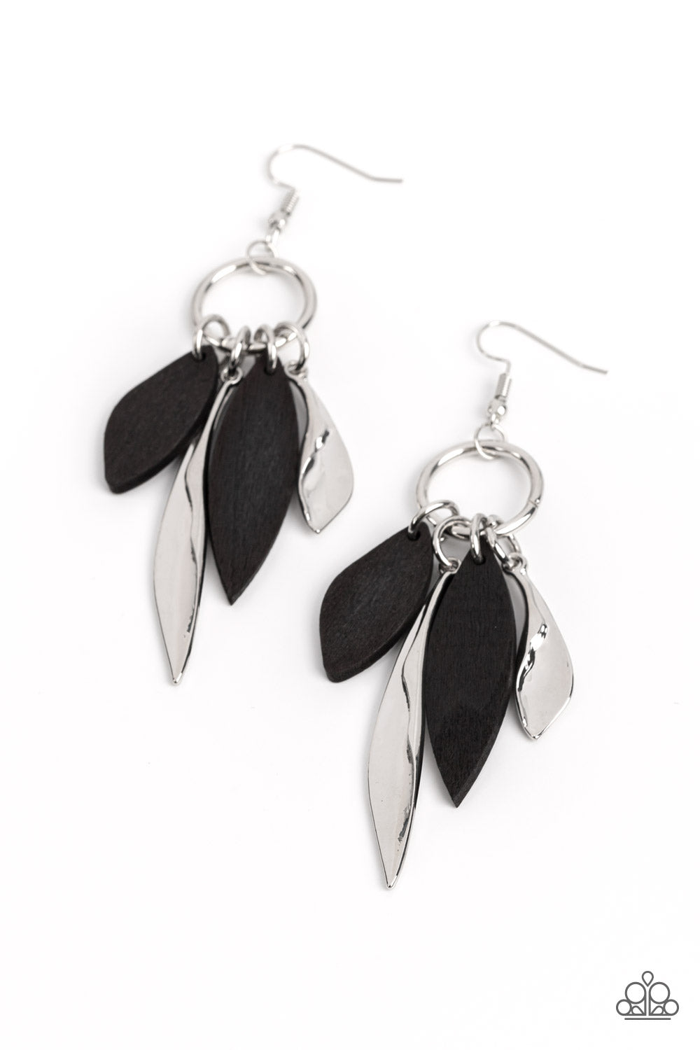 Paparazzi Accessories Primal Palette - Black A mismatched collection of asymmetrical black wooden frames and warped silver petals glide along a silver ring, resulting in an earthy tassel. Earring attaches to a standard fishhook fitting. Sold as one pair o