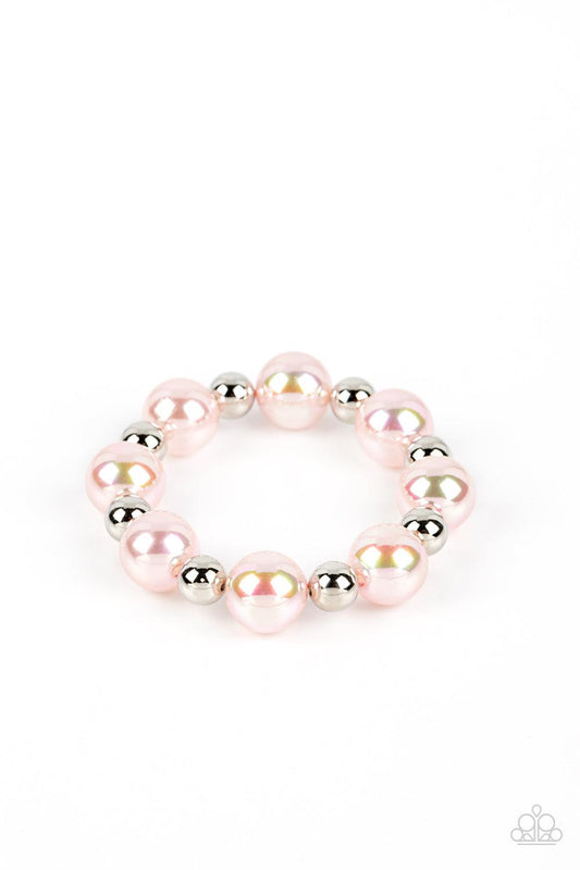 Paparazzi Accessories A DREAMSCAPE Come True - Pink Dipped in an iridescent finish, oversized Gossamer Pink pearls alternate with shiny silver beads along stretchy bands around the wrist for a dreamy pop of shimmer. Sold as one individual bracelet. Get Th
